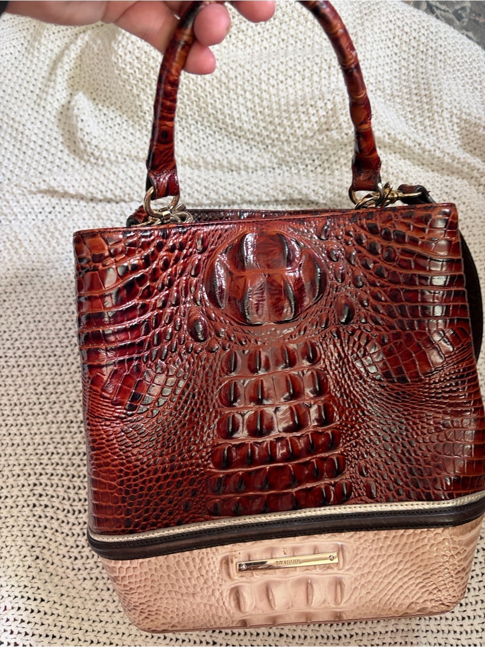 Women’s Two-Tone Croc-Embossed Leather large bucket bag - Brown & Blush